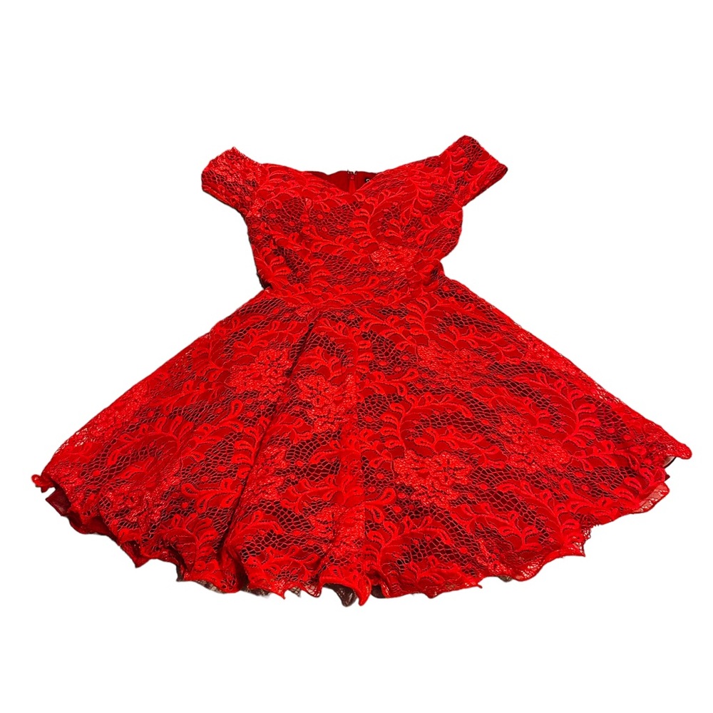 Off-Shoulder Red Lace Party Dress - Picture 7 of 16